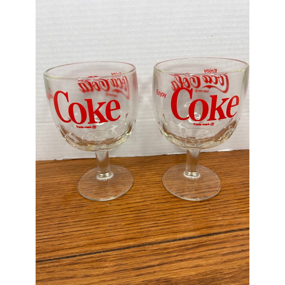 Vintage Coca-Cola Stemmed Glasses Set of 2 Red Logo Dimpled Glass Goblets 5.5in